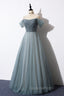 Gray Blue Spaghetti Strap Tulle Floor Length Evening Prom Dress, Off Shoulder Evening Party Dress
