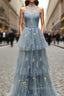 Gray Blue Tulle Halter Evening Prom Dress