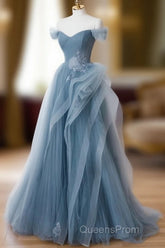 Gray Blue Tulle Lace Long Evening Prom Dress, Gray Blue Formal Dress