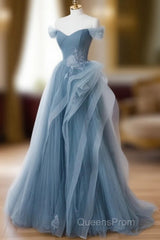 Gray Blue Tulle Lace Long Evening Prom Dress, Gray Blue Formal Dress