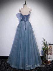 Gray Blue Tulle Long Evening Prom Dress A Line Evening Dress Formal Dress December Wedding Guest Dress