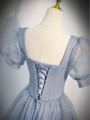 Gray Blue Tulle Long Evening Prom Dress, Gray Blue Tulle Evening Dress