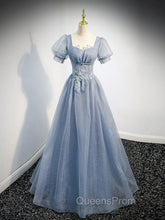 Gray Blue Tulle Long Evening Prom Dress, Gray Blue Tulle Evening Dress