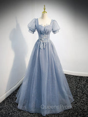 Gray Blue Tulle Long Evening Prom Dress, Gray Blue Tulle Evening Dress