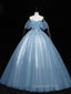 Gray Blue Tulle Off Shoulder Long Evening Prom Dress, Blue Tulle Evening Dress