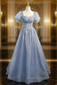 Gray Blue Tulle Sequin Long Evening Prom Dress, Gray Blue Evening Dress