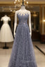 Gray Blue Tulle Sequins Appliques Beading Evening Prom Dress