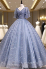 Gray Blue V Neck Tulle Long Evening Prom Dress, Blue Long Sweet 16 Dress