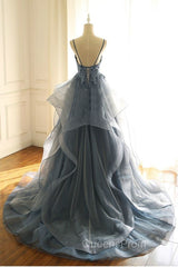 Gray Evening Dress Tulle V-neck Ruffles Long Spaghetti Lace Beading Evening Prom Party Gowns