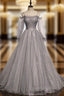 Gray Gray Long Sleeve Sequins Evening Prom Dress