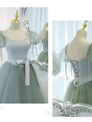 Gray Green A-Line Tulle Long Evening Prom Dress, Gray Green Formal Dress