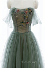 Gray Green Tulle Beaded Long Evening Prom Dress, A-Line Evening Dress