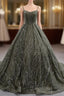 Gray Green Tulle Strapes Sequins Evening Prom Dress
