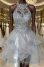 Gray Lace Short Evening Prom Dress, Fluffy Gray Lace Homecoming Dress, Gray Formal Evening Dress