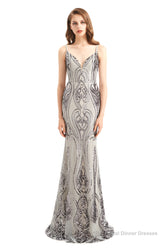 Mermaid Sequins Spaghetti Straps Prom Dresses With Detachable Train