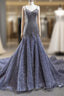 Gray Mermaid Tulle Sequins Spaghetti Straps Beading Evening Prom Dress With Train