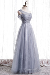 Gray One Shoulder Tulle Long Evening Prom Dress Gray Tulle Evening Dress
