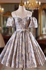 Gray Print Short Evening Prom Dress Dress, Lovely Spaghetti Strap Evening Party Dress