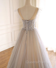 Gray Purple Round Neck Tulle Long Evening Prom Dress, A line Evening Graduation Dress