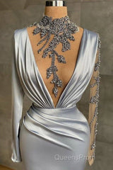 Gray Robe De Soiree Sheath Long Sleeves Beaded See Through Sexy Long Evening Prom Dress Evening Prom Gown Evening Dress