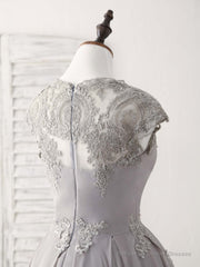 Gray Round Neck Lace Short Prom Dress Gray Bridesmaid Dress