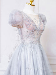 Gray Round Neck Tulle Lace Long Evening Prom Dress, Gray Tulle Evening Dress
