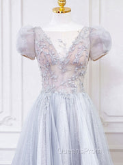 Gray Round Neck Tulle Lace Long Evening Prom Dress, Gray Tulle Evening Dress