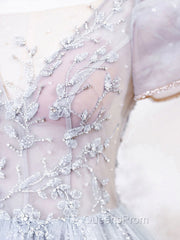 Gray Round Neck Tulle Lace Long Evening Prom Dress, Gray Tulle Evening Dress