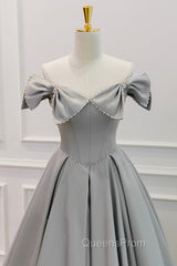 Gray Satin Floor Length Evening Dress with Pearls, Cute A-Line Evening Prom Dress