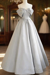 Gray Satin Long Evening Prom Dress, A-Line Spaghetti Straps Evening Graduation Dress