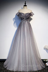 Gray Scoop Neckline Tulle Long Evening Dress, A-Line Evening Graduation Dress