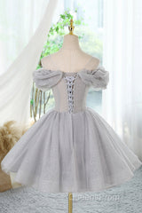 Gray Scoop Neckline Tulle Sequins Short Evening Prom Dress, A-Line Off The Shoulder Evening Party Dress