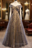 Gray Scoop Tulle Sequins Long Evening Prom Dress, A-Line Evening Party Dress