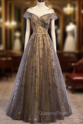 Gray Scoop Tulle Sequins Long Evening Prom Dress, A-Line Evening Party Dress