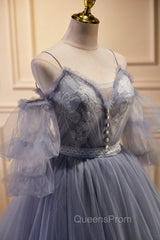 Gray Spaghetti Strap Lace Long Evening Prom Dress, Off the Shoulder Evening Party Dress