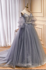 Gray Spaghetti Strap Lace Long Evening Prom Dress, Off the Shoulder Evening Party Dress