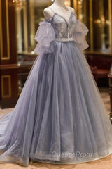 Gray Spaghetti Strap Lace Long Evening Prom Dress, Off the Shoulder Evening Party Dress