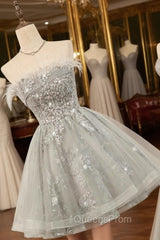 Gray Strapless Tulle Short Evening Prom Dress with Sequins, Cute A-Line Party Dress