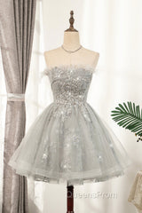 Gray Strapless Tulle Short Evening Prom Dress with Sequins, Cute A-Line Party Dress