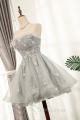 Gray Strapless Tulle Short Evening Prom Dress with Sequins, Cute A-Line Party Dress