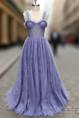 Gray Sweetheart Neck Tulle Lace Long Evening Prom Dress Blue Evening Dress