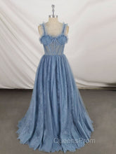Gray Sweetheart Neck Tulle Lace Long Evening Prom Dress Blue Evening Dress
