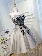 Gray Sweetheart Neck Tulle Lace Short Evening Prom Dress, Cute Homecoming Dress