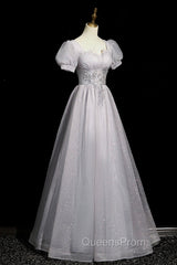 Gray Tulle Beaded Long Evening Prom Dress, A-Line Short Sleeve Evening Party Dress