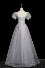 Gray Tulle Beaded Long Evening Prom Dress, A-Line Short Sleeve Evening Party Dress