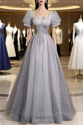 Gray Tulle Beaded Long Evening Prom Dress, A-Line Short Sleeve Evening Party Dress