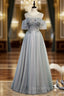 Gray Tulle Beading Sequins Evening Prom Dress