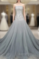 Gray Tulle Beads Long Evening Prom Dress Gray Tulle Evening Graduation Dress