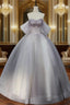 Gray Tulle Floor Length Evening Prom Dress, Off the Shoulder Evening Party Dress