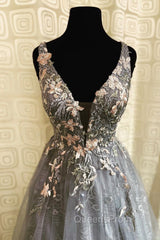 Gray Tulle Lace long A-Line Evening Prom Dress, Gray V-Neck Evening Party Dress